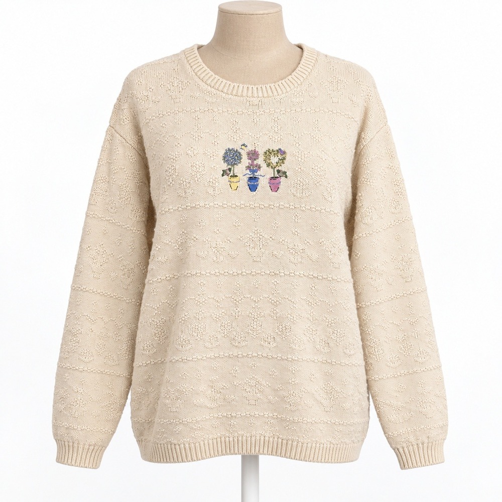 Vintage 90s Northern Reflections Floral Embroidered Sweater Size S Tan Cottage